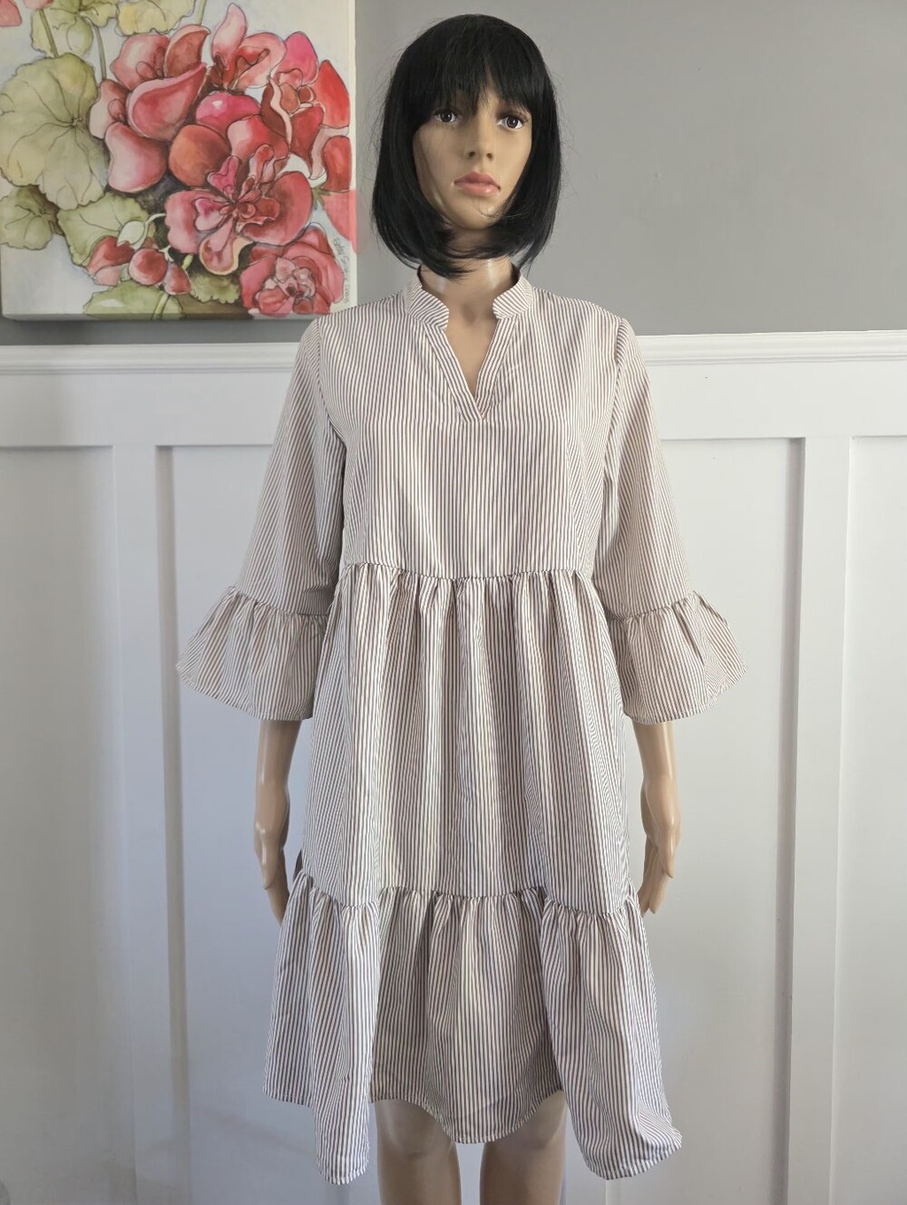 FIMARSTED Prairie-Style Tiered Dress – Beige & White Fine Stripes , Size L - Picture 4 of 13